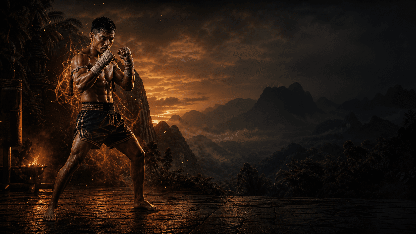 Atleta de Muay Thai em ambiente cinematográfico representando força, foco e disciplina